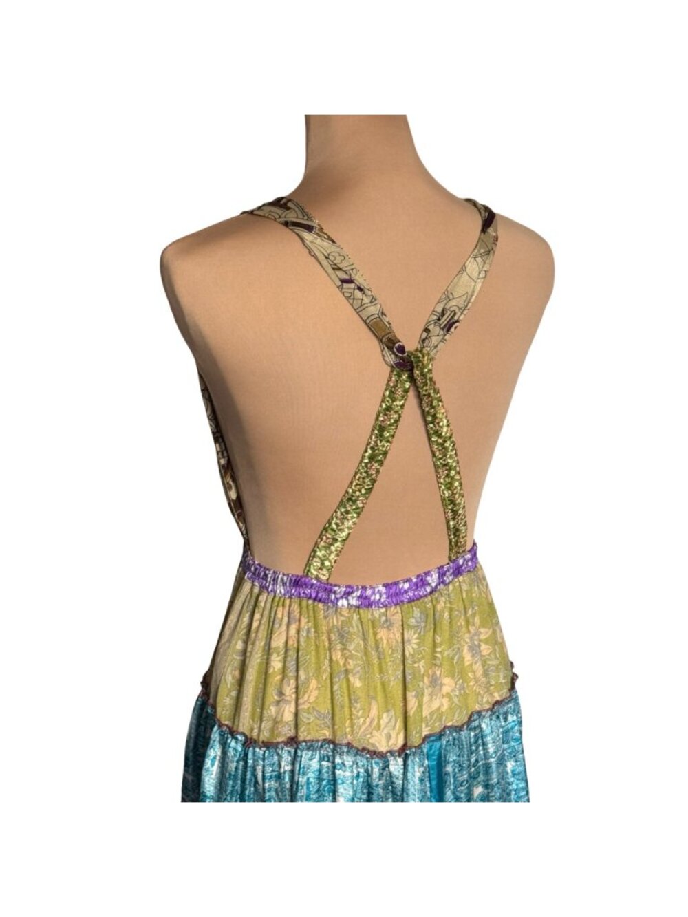 Boho Y2K Patchwork Tiered Maxi Dress Sz S Open Back Flowy Gipsy - Picture 5 of 16